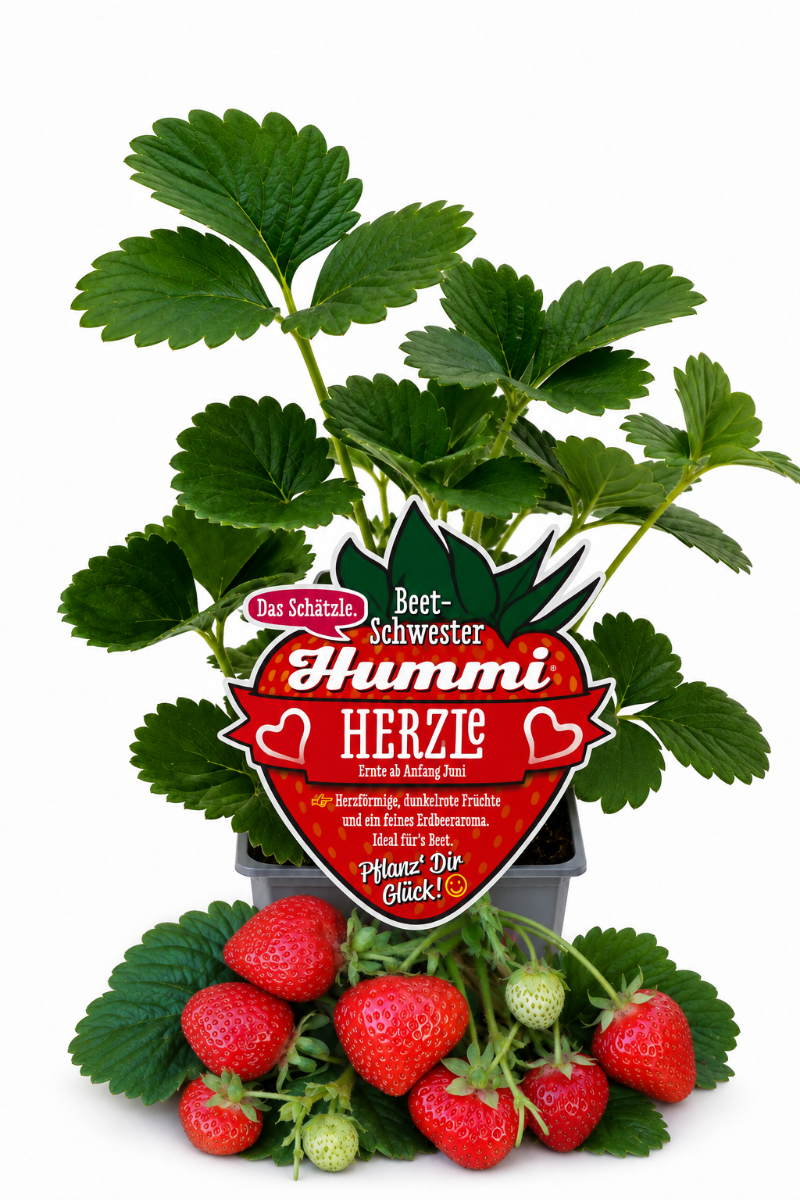Produktfot einer Hummi Erdbeere 'Herzle' im Pflanztopf mit Früchten und Etikett.