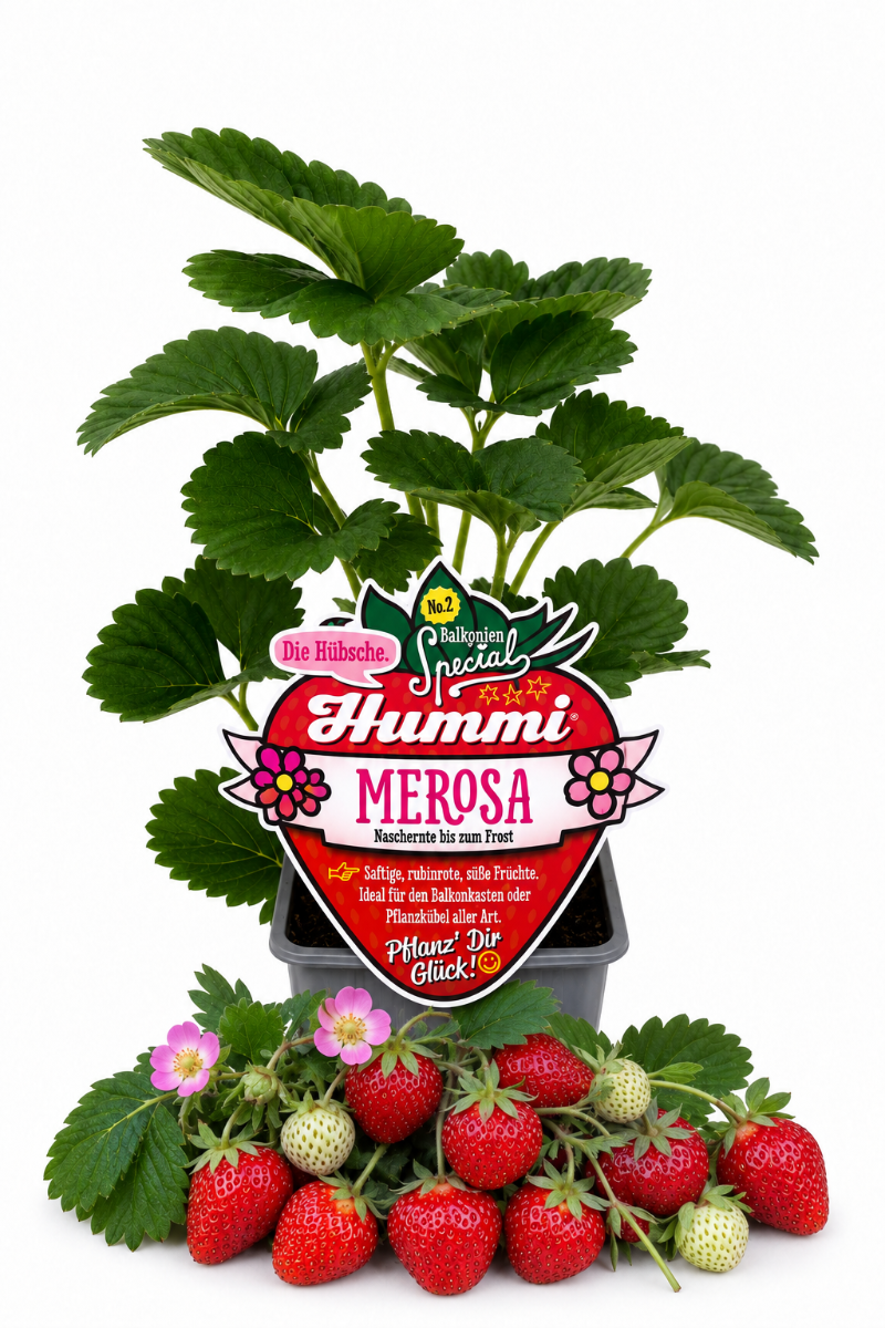 Produktfoto einer Hummi Erdbeere 'Merosa' im Pflanztopf mit Etikett und Früchten.