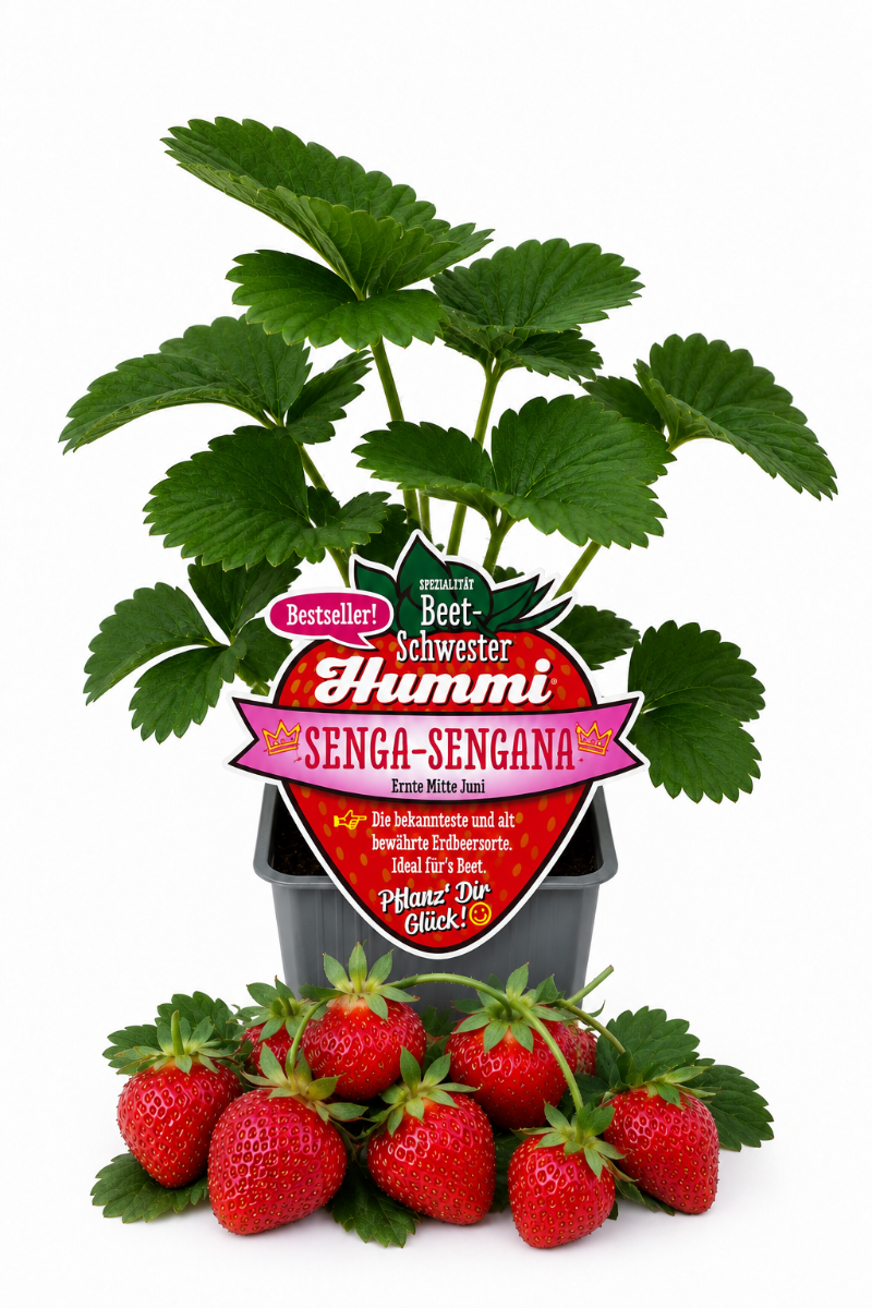 Produktfoto einer Hummi Erdbeere 'Senga Sengana' im Pflanztopf mit Typenschild und Früchten.