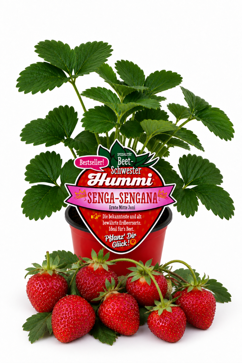 Produktfoto von Hummi Erdbeere 'Senga Sengana' im Pflanztopf mit Früchten.