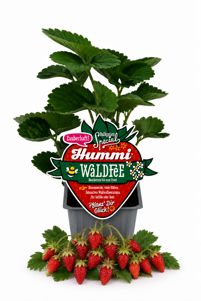 Produktfoto einer Hummi Erdbeere 'Waldfee' im Pflanztopf mit Etikett und Früchten.