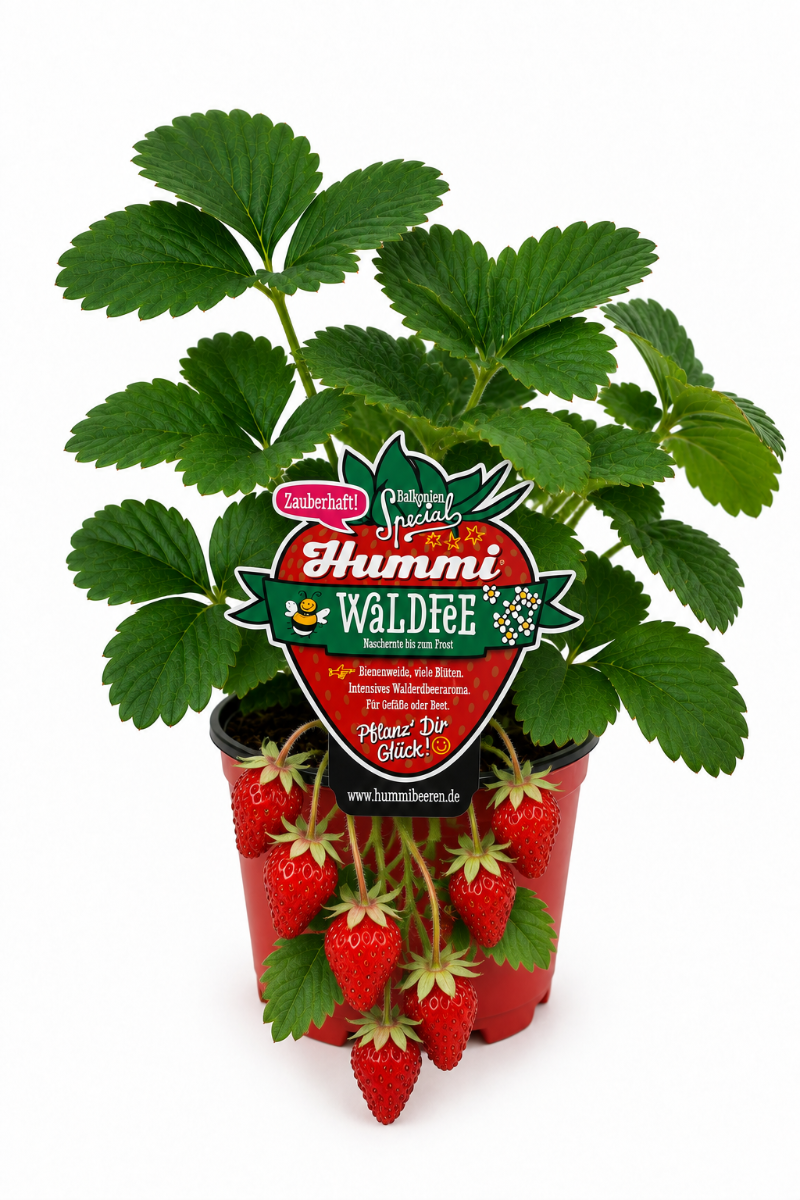 Produktfoto einer Hummi Erdbeere 'Waldfee' im Pflanztopf mit Etikett und Früchten.
