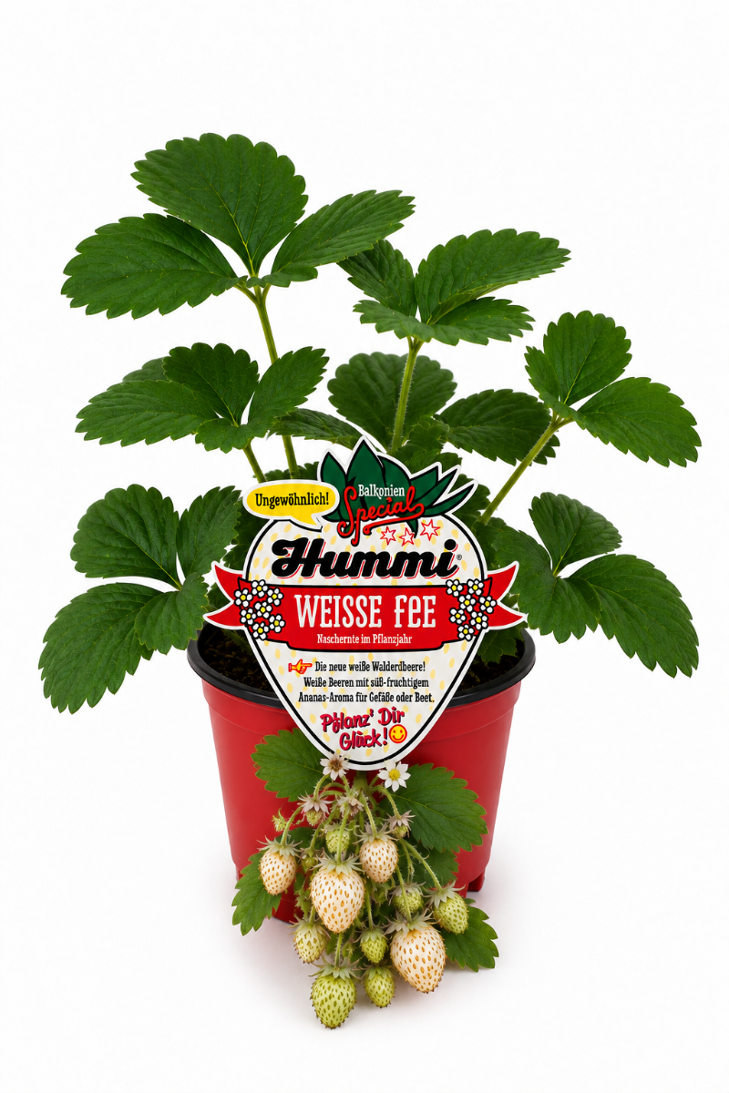 Produktfoto einer Hummi Erdbeere 'Weiße Fee' im Pflanztopf mit Früchten und Etikett.