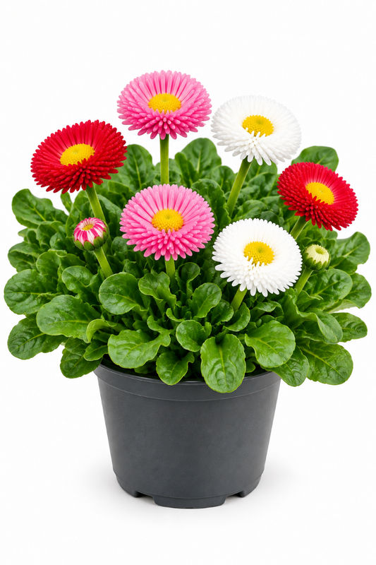 Gänseblümchen - Bellis Trio Ein Pflanztopf mit mehreren Blüten in verschiedenen Farben