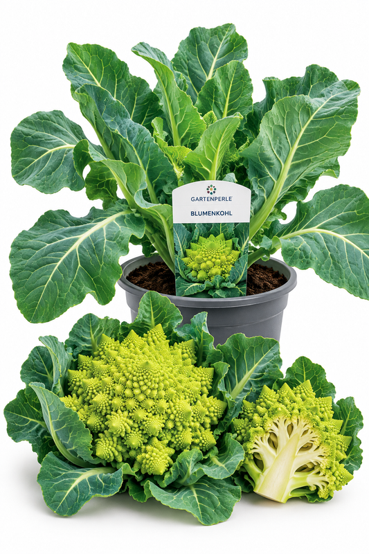 Produktfoto von Blumenkohl "Rosma" in einem Topf von der Marke Gartenperle. 