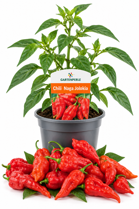 Produktfoto von Naga Jolokia Chili in einem Topf von der Marke Gartenperle. 