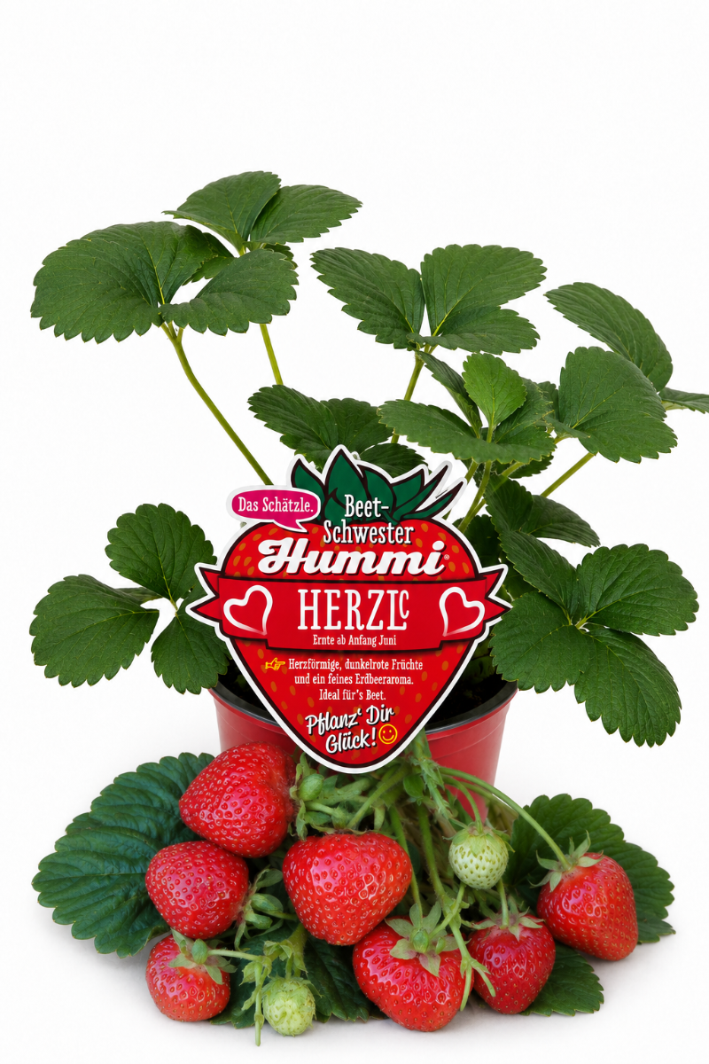 Produktfoto einer Hummi Erdbeere 'Herzle' im Pflanztopf mit Früchten und Etikett.