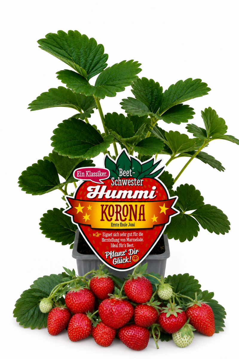 Produktfoto einer  Hummi Erdbeere 'Korona' im Pflanztopf mit Früchten und Etikett.