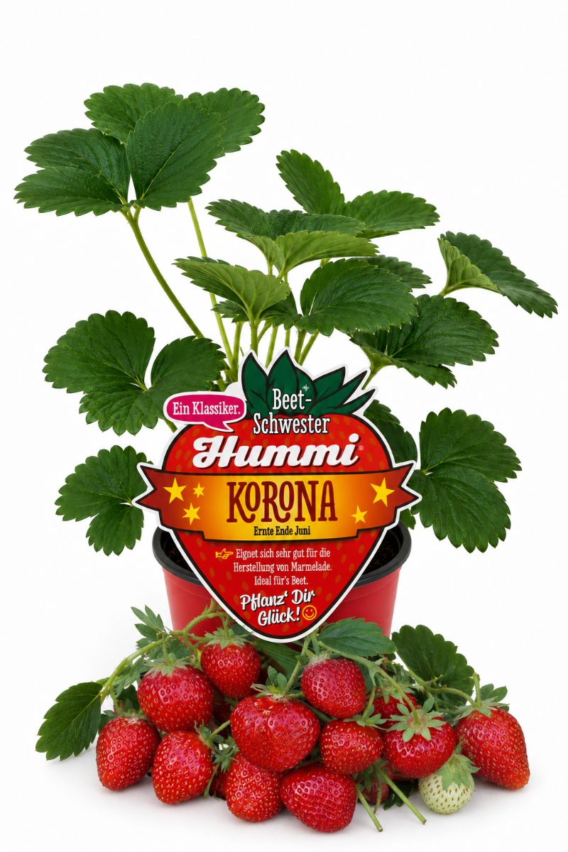 Produktfoto einer Hummi Erdbeere 'Korona' im Pflanztopf mit Früchten und Etikett.
