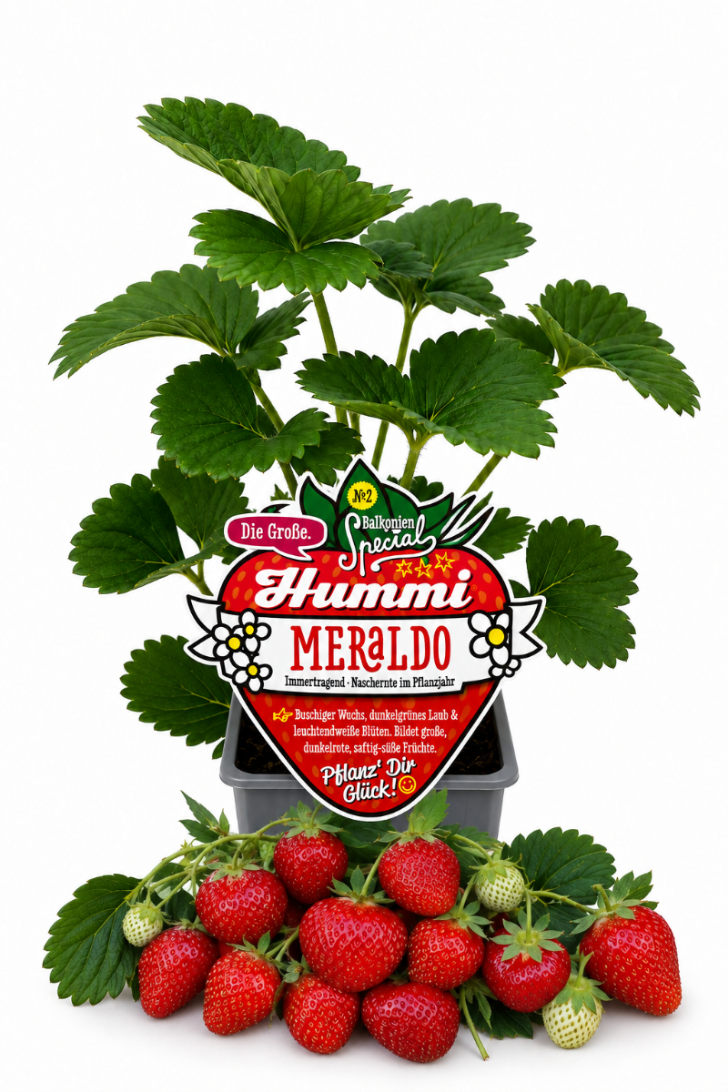 Produktfoto einer Hummi Erdbeerpflanze Meraldo im Pflanztopf mit Typenschild und Früchten.