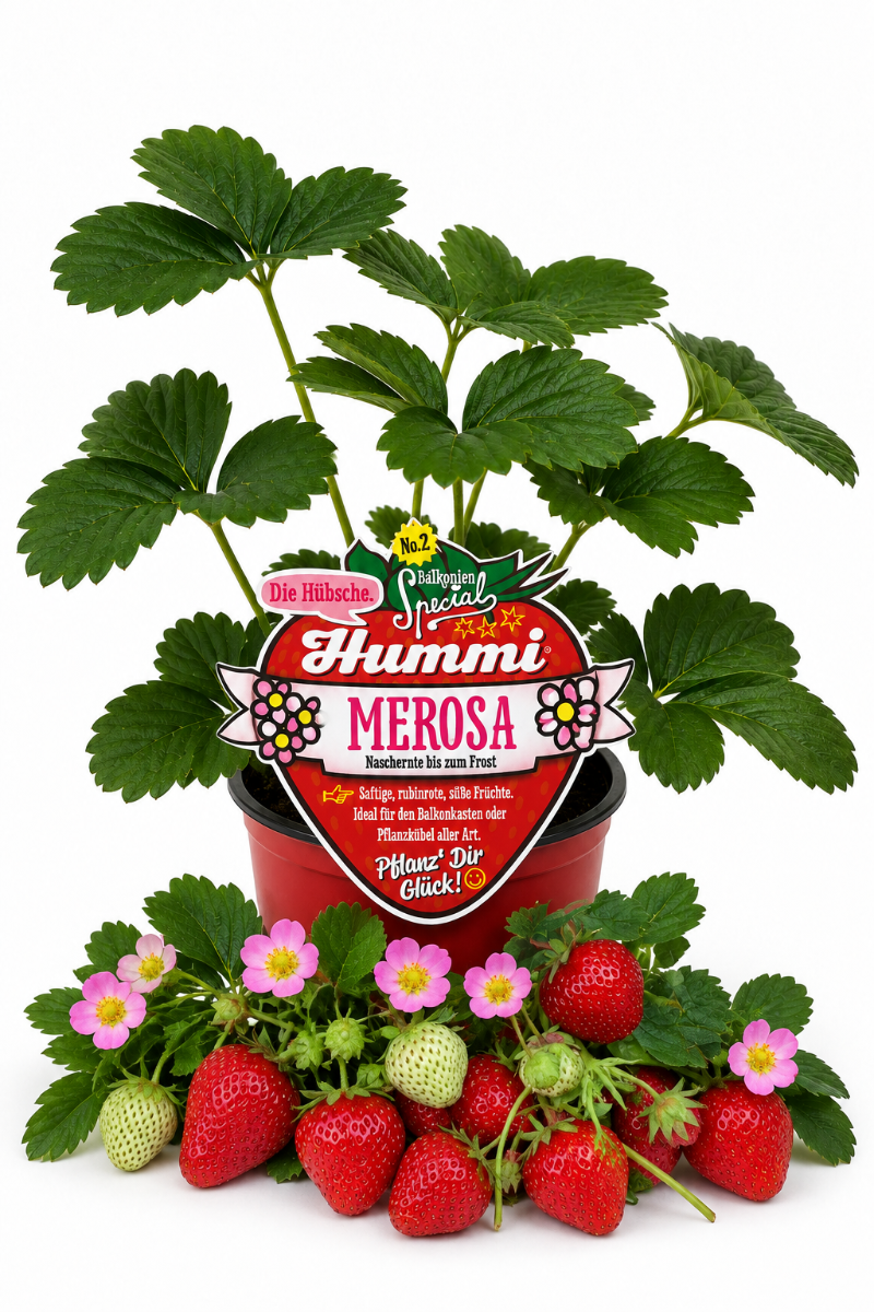 Produktfoto einer Hummi Erdbeere 'Merosa' im Pflanztopf mit Früchten.