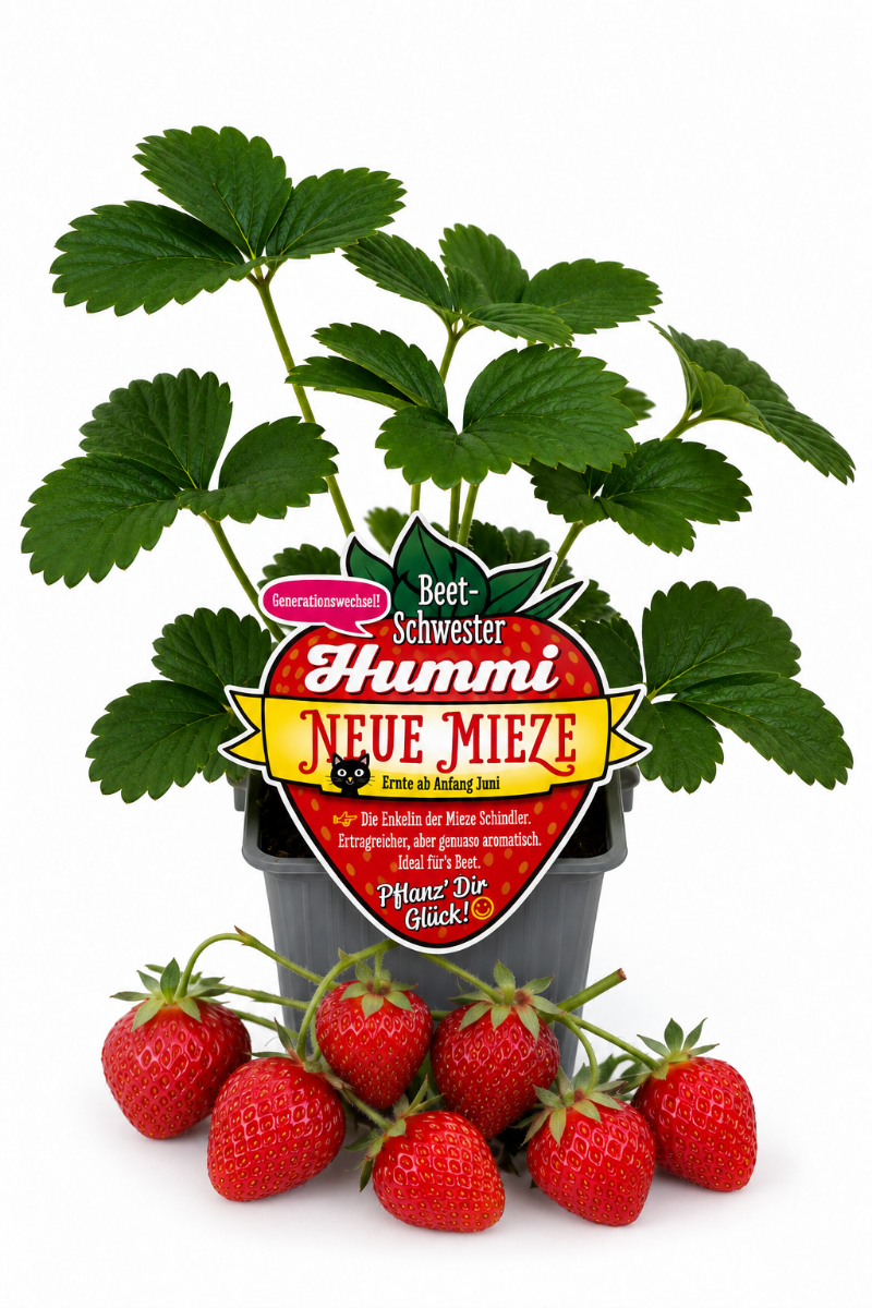 Produktfoto einer Hummi Erdbeere 'Neue Mieze' im Pflanztopf mit Früchten und Typenschild.