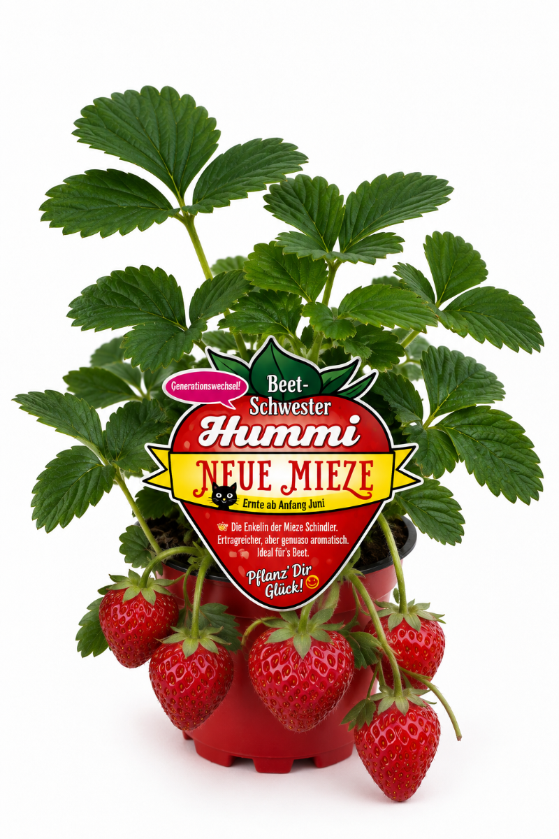 Produktfoto einer Hummi Erdbeere 'Neue Mieze' im Pflanztopf mit Etikett und Früchten.