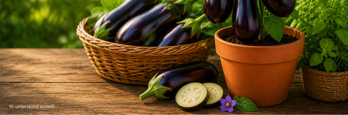 Auberginenpflanze im Topf mit violetten Früchten und frischer Auberginen-Ernte in einem Korb im Garten