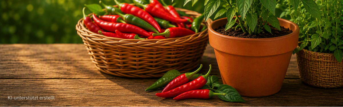 Chili-Pflanze im Tontopf mit roten Chilis und geernteten Schoten in einem Korb auf einem Gartentisch