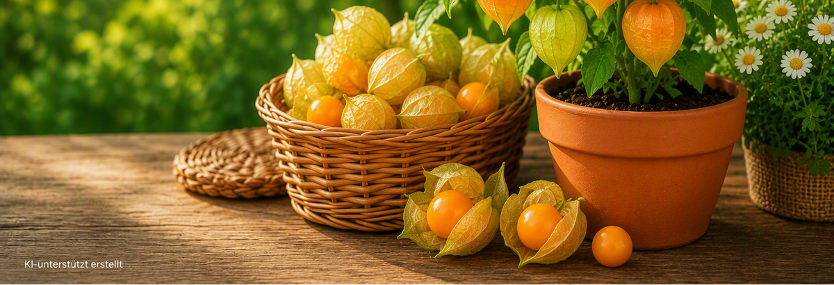 Physalis-Pflanze im Tontopf mit reifen Früchten und geernteten Physalis in einem Korb auf einem Gartentisch