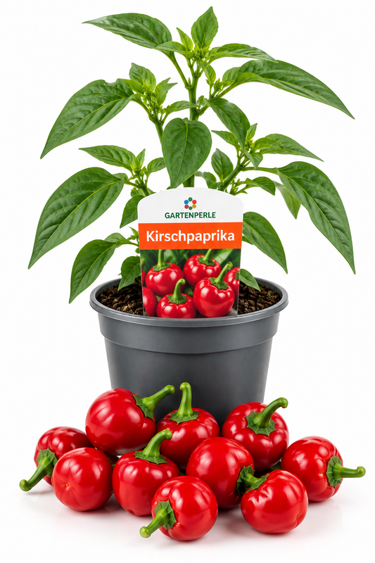 Produktfoto von Kirschpaprika in einem Topf von der Marke Gartenperle. 