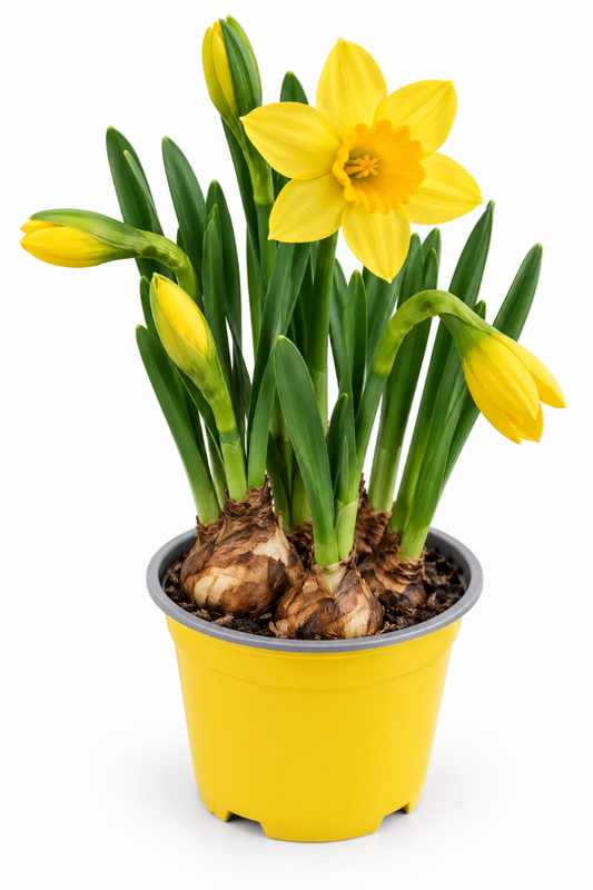 Narzisse in Pflanztopf in Gelb mit Blüte.