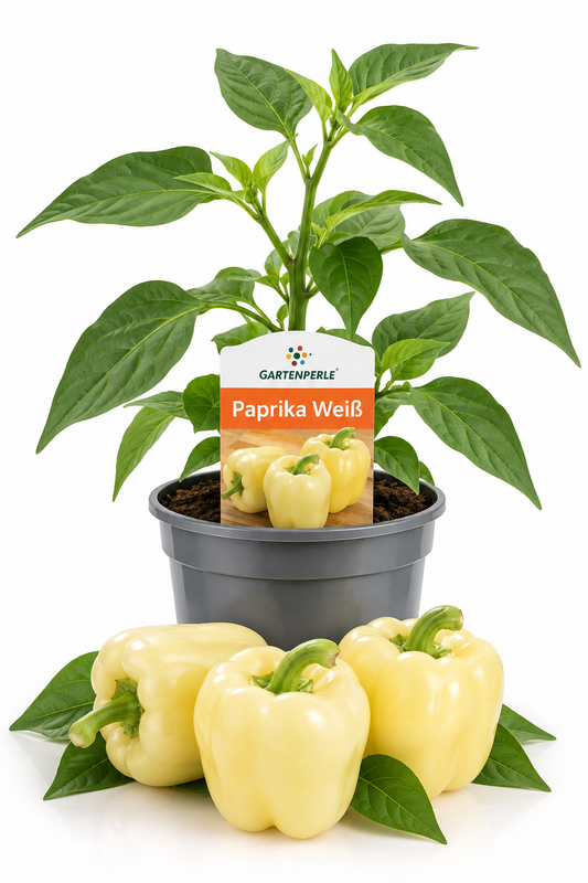 Produktfoto von weißer Paprika in einem Topf von der Marke Gartenperle. 