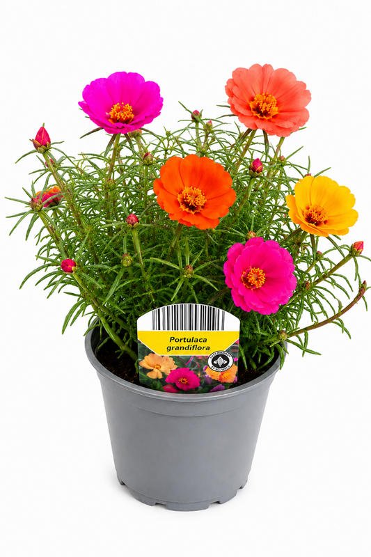 Moosröschen im Topf mit vielen Blüten in verschiedenen Farben