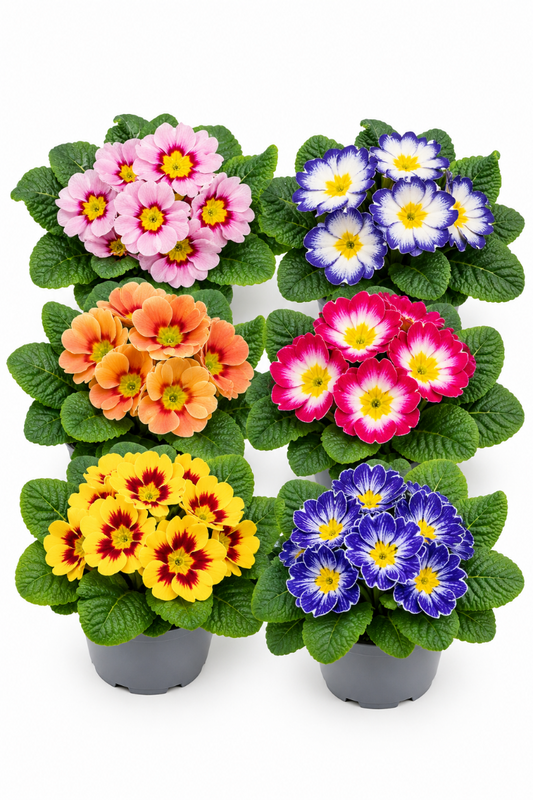 Primeln in speziellen Farben in voller Blüte.