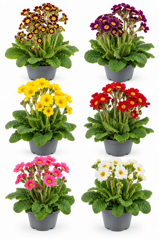 Stängelprimel in verschiedenen Farben mit vielen Blüten.