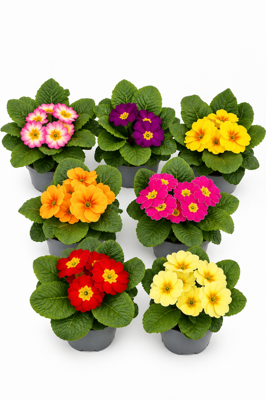 Primeln in verschiedenen Farben. Abgebildet sind 7 Töpfen mit bunten Blüten.