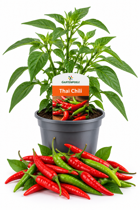 Produktfoto von Thai Chili in einem Topf von der Marke Gartenperle. 