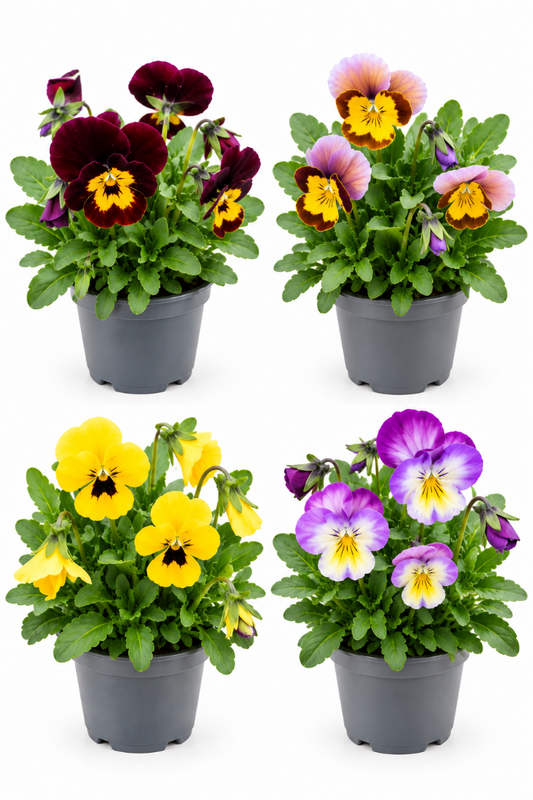 Hornveilchen in verschiedenen Farben vier Pflanztöpfe mit bunten Blumen